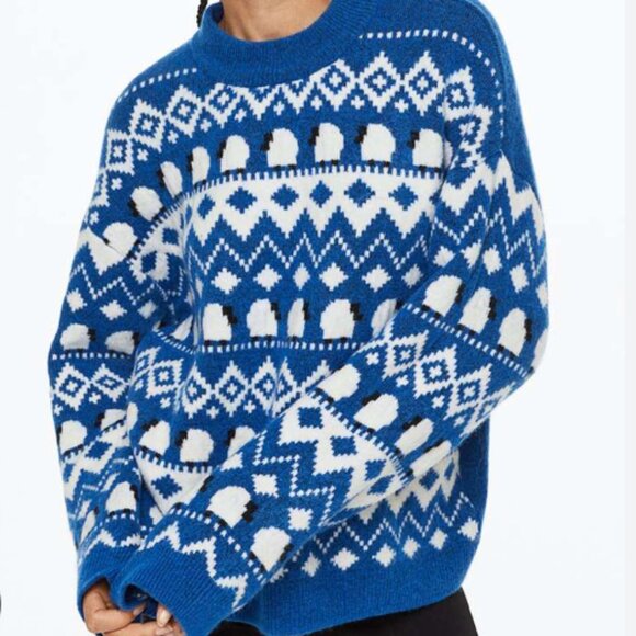 H&M Jacquard Sheep Crewneck Jumper Sweater Blue White Size S - Picture 1 of 9